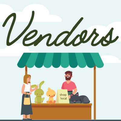 Illustrated market stall with vendor and shopper. Text: Vendors.