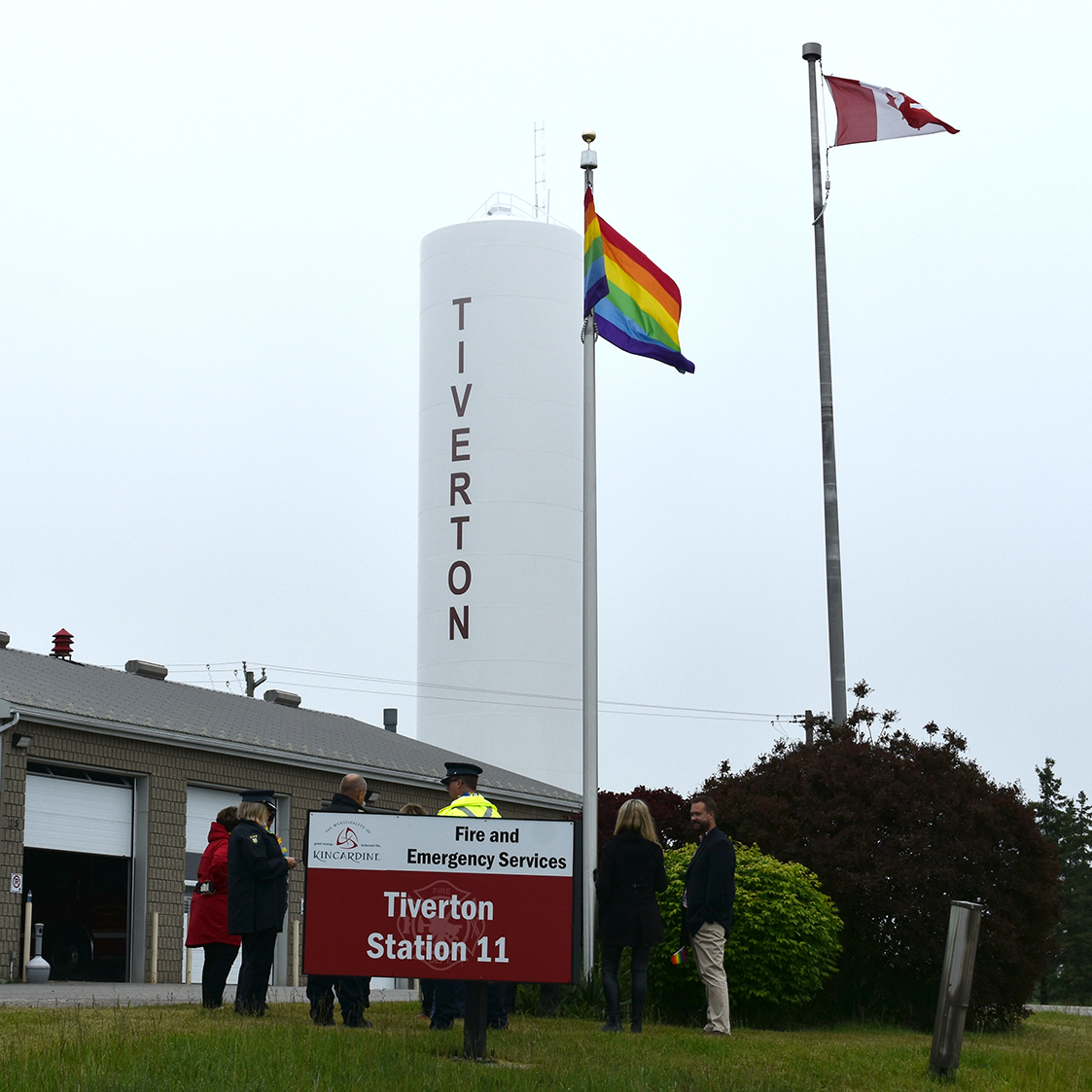 The Pride and Canada flags fly outside the Kincardine Fire and Emergency Services Station 11 in Tiverton.