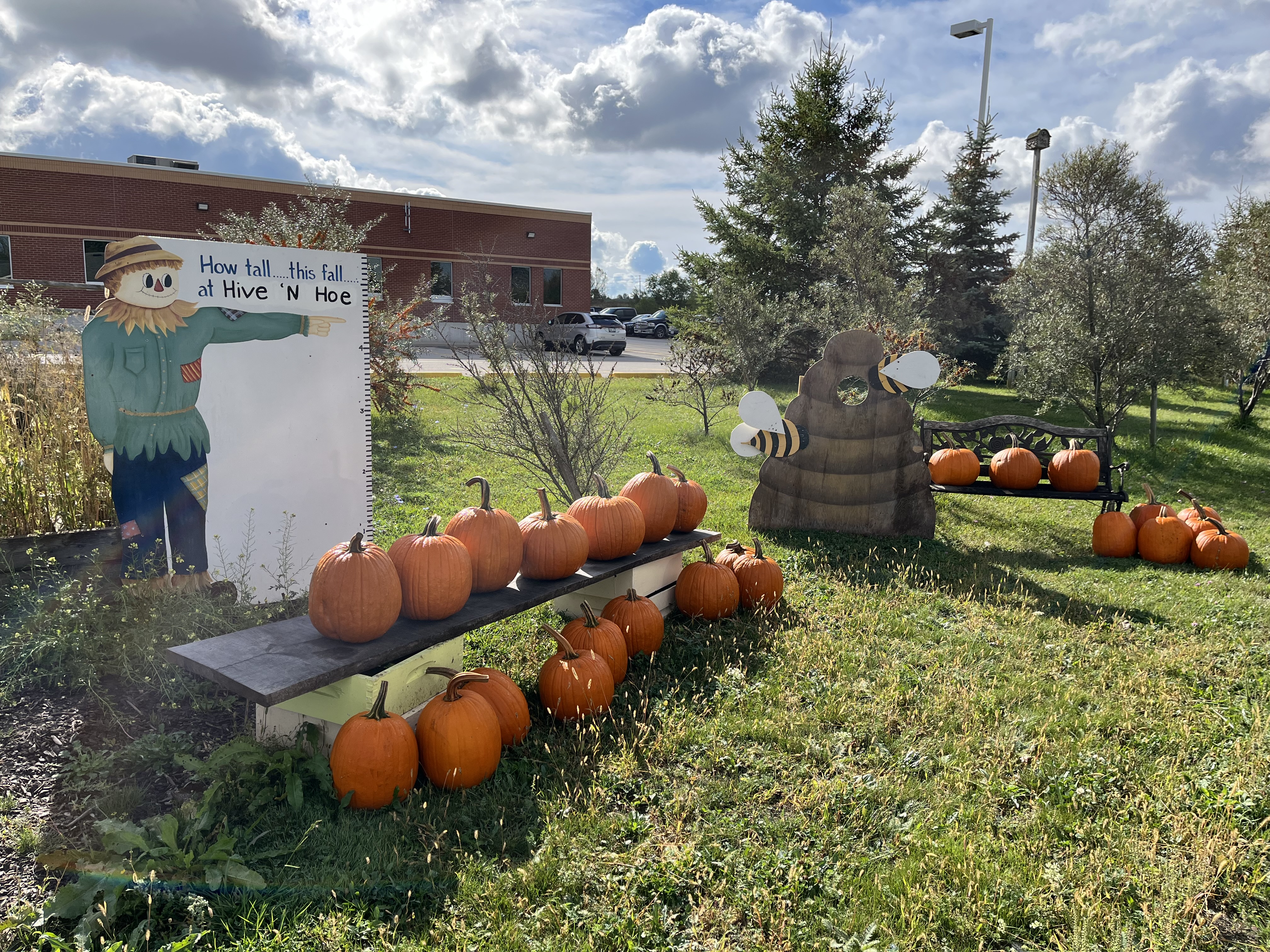 farm stand with autumn themed photo signs